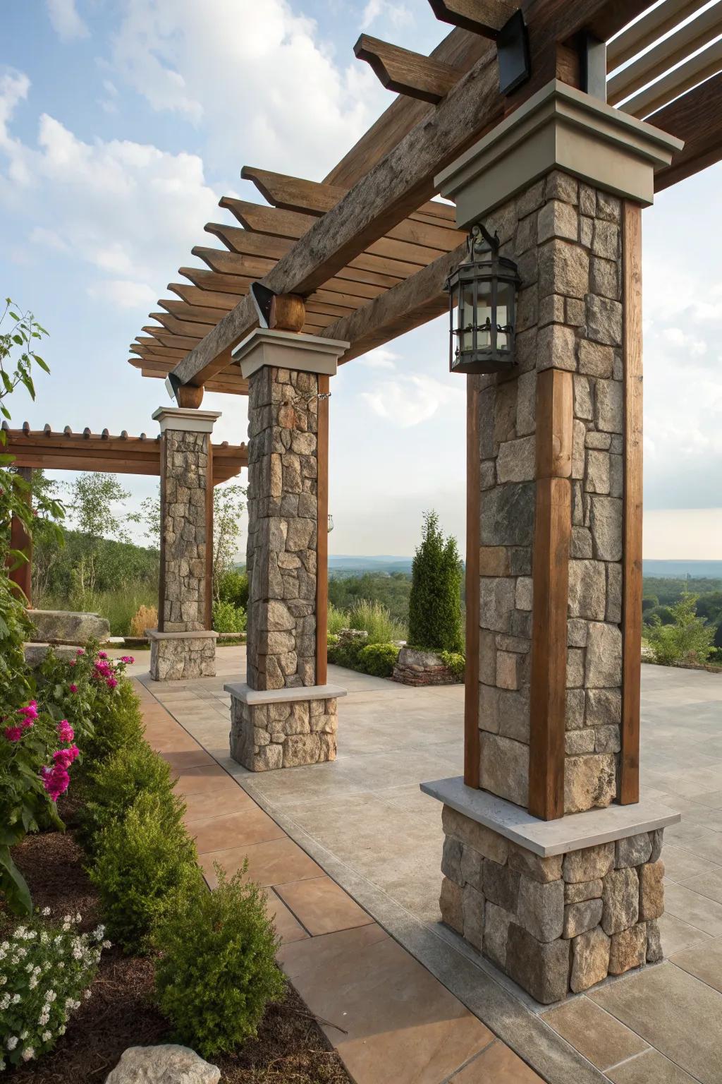 Mixed material pillars offer unique texture and style.
