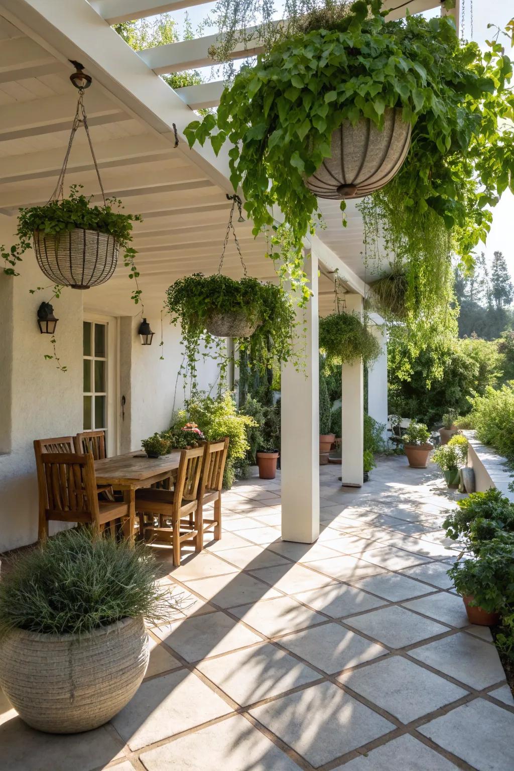 Hanging planters add vertical interest and natural shade.