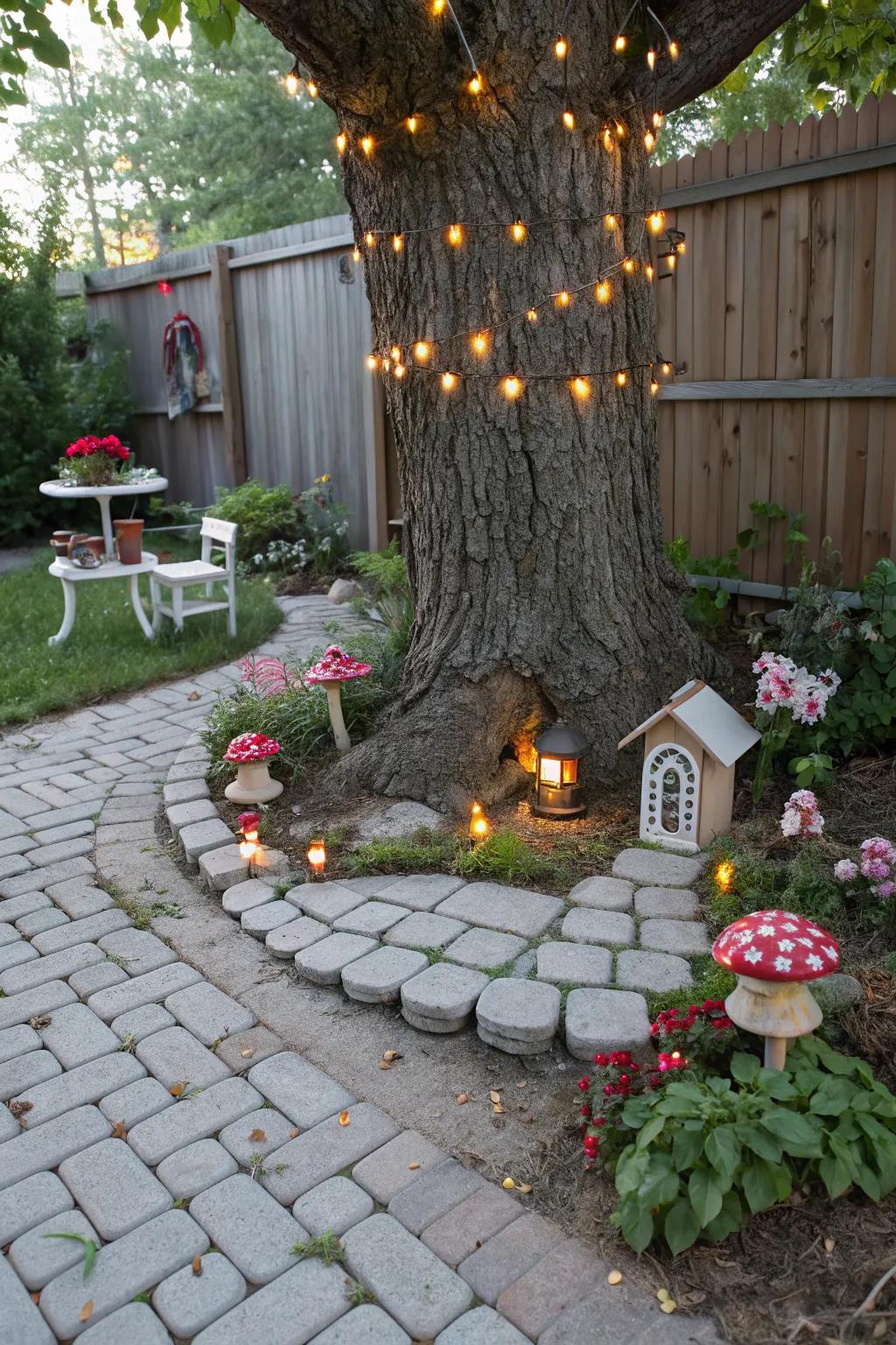 A delightful fairy garden nestled within pavers around a tree.