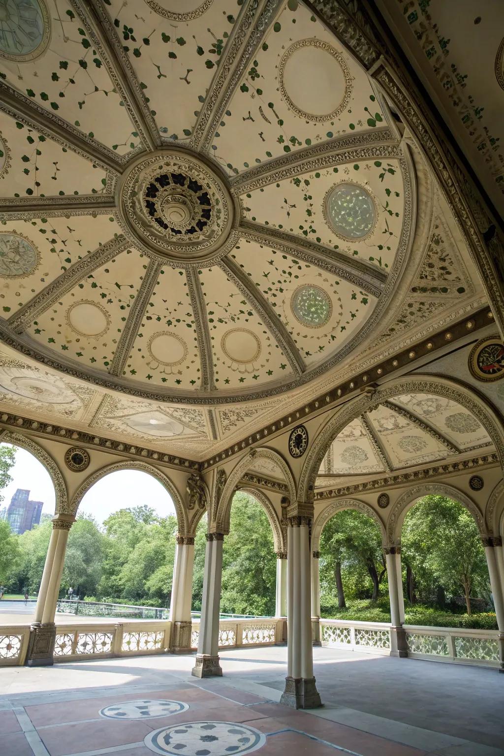 A pavilion ceiling featuring custom shapes for a distinct and engaging design.