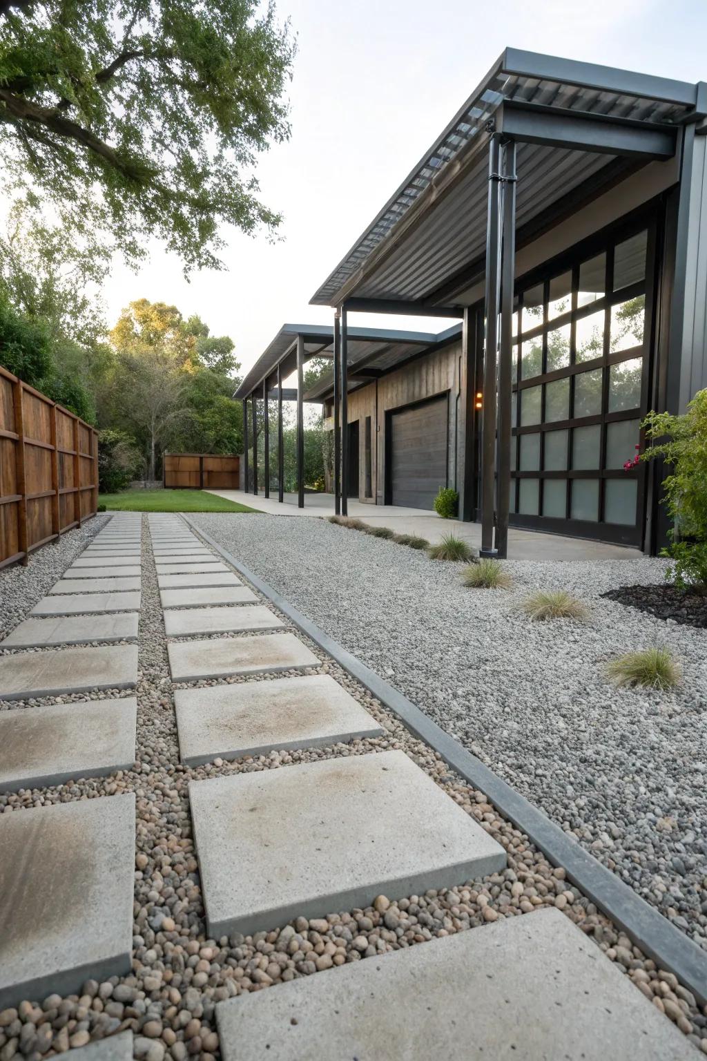 An industrial-style pea gravel driveway with modern materials.