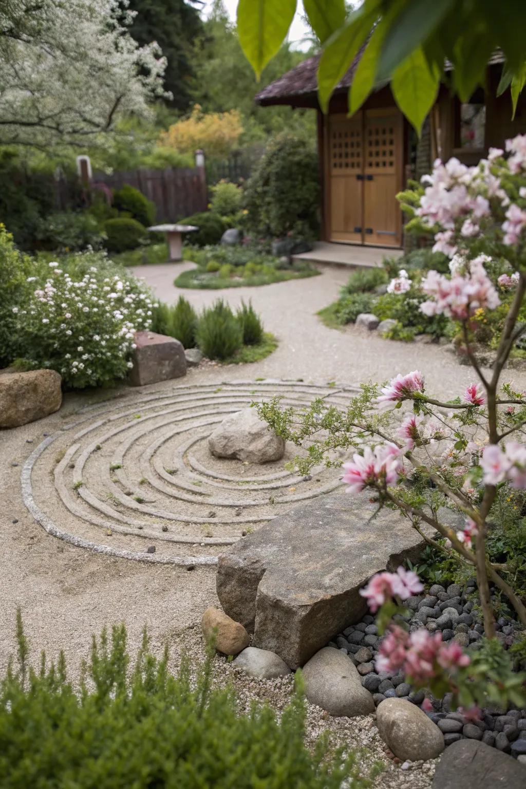 Pebble meditation circles offer a serene space for relaxation in the garden.