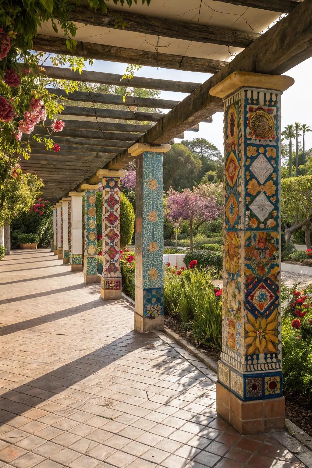 Mosaic walls offer a colorful, artistic privacy solution.