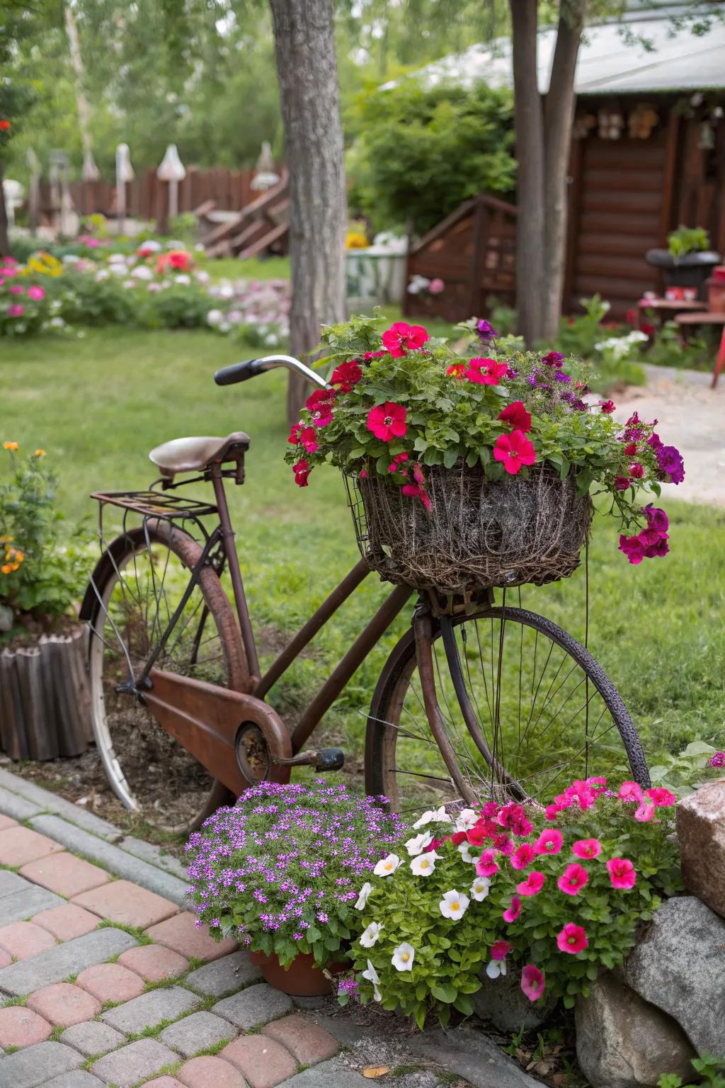 Repurposed bicycles bring whimsy and charm to petunia displays.