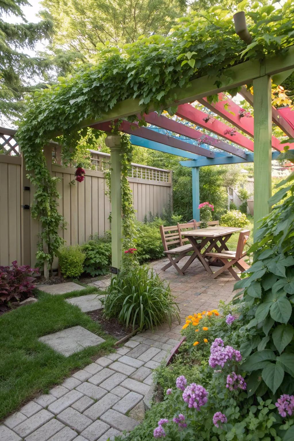 Colorful shade structures add vibrancy and comfort to a pie-shaped backyard.