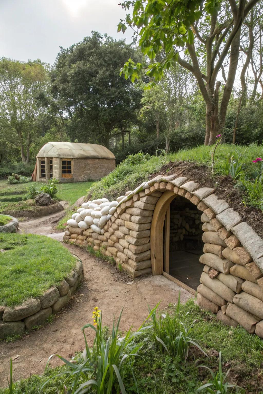 An eco-friendly earthbag pig shelter offering natural insulation.