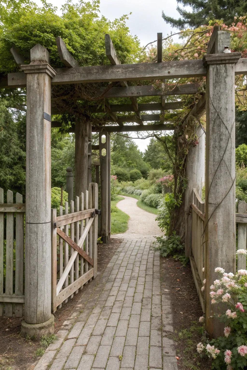 Rustic wood pillars create a warm and inviting entrance.