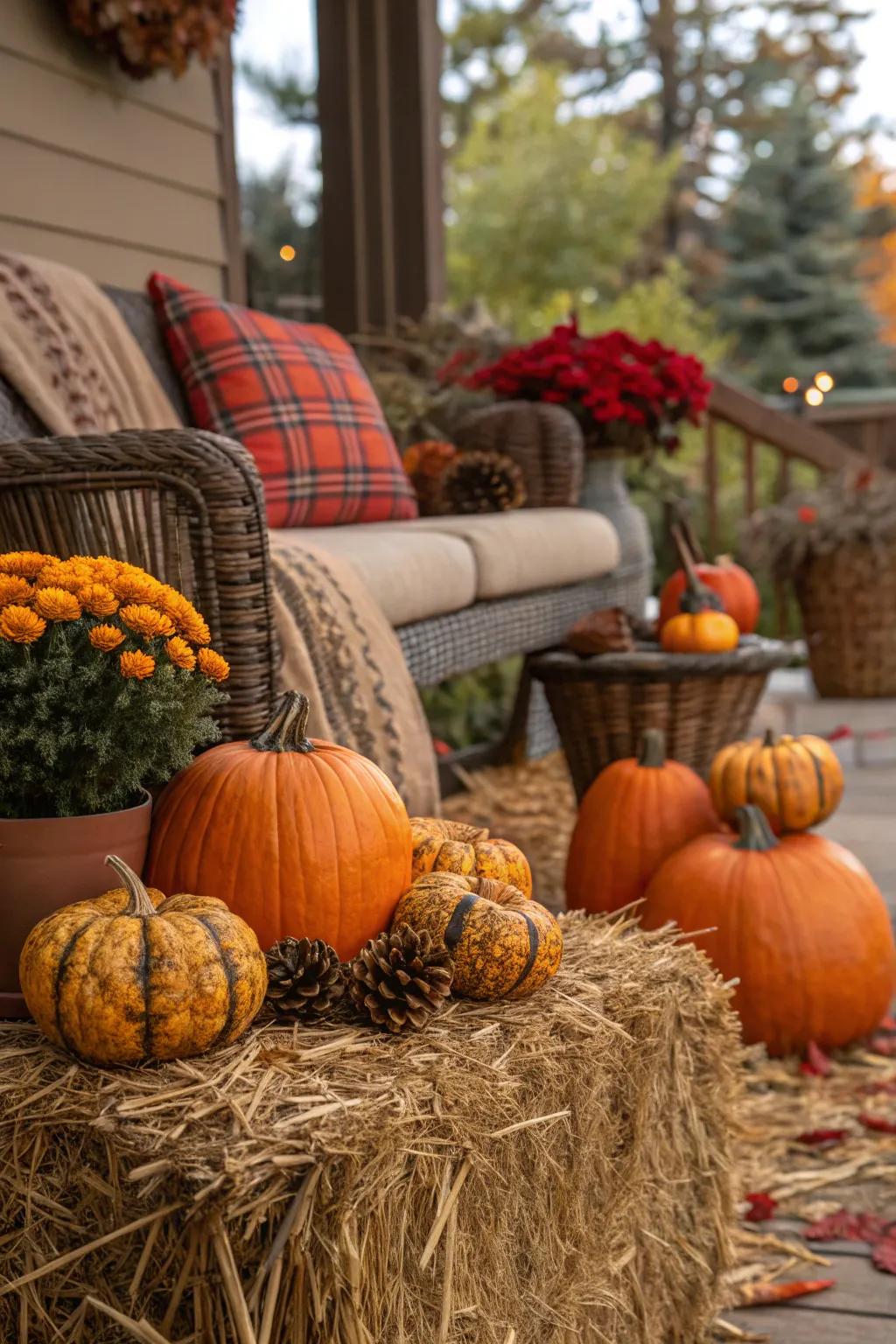 Pine straw complements this festive autumn display beautifully.