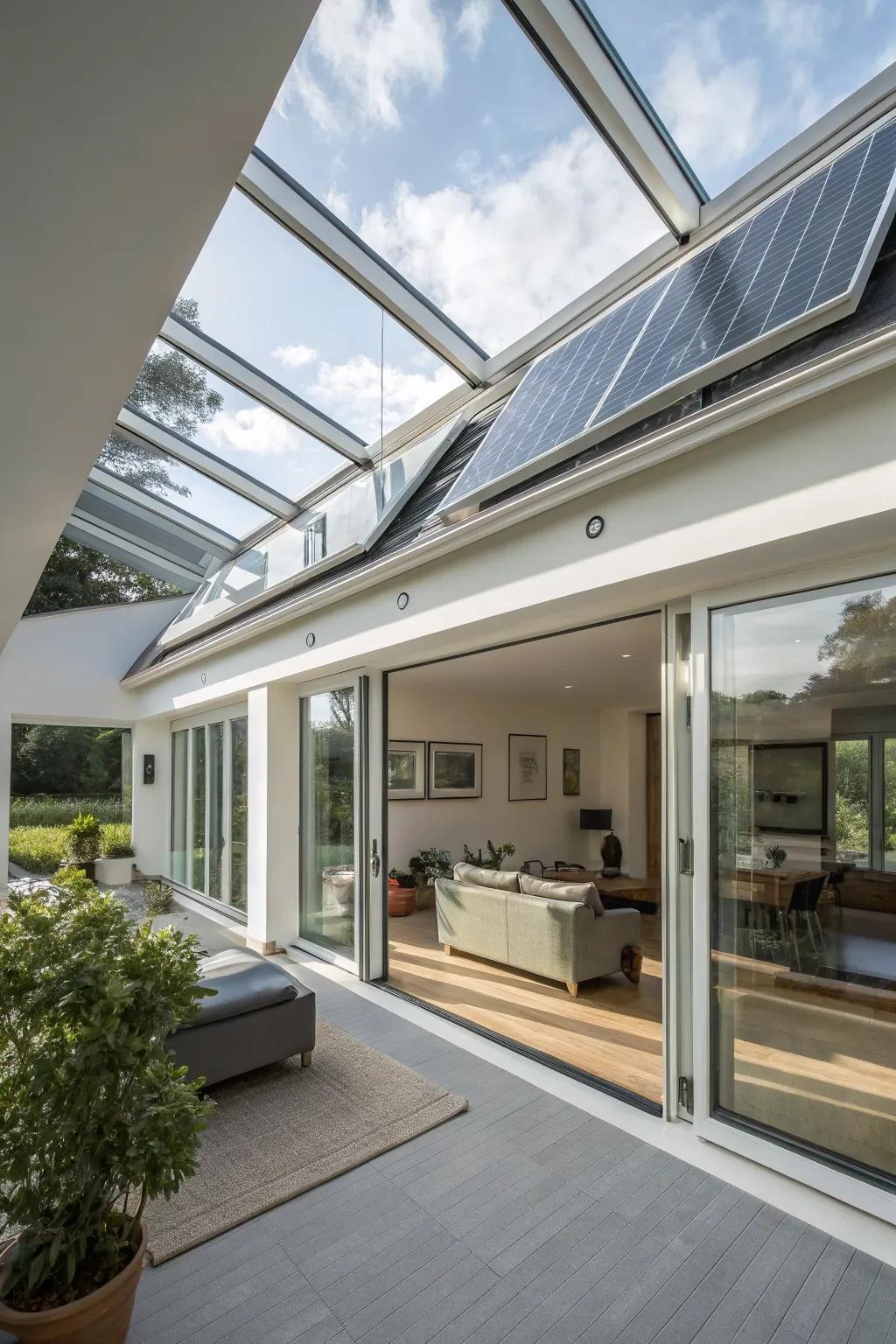 Eco-friendly skylights equipped with solar panels, bringing light and energy savings.
