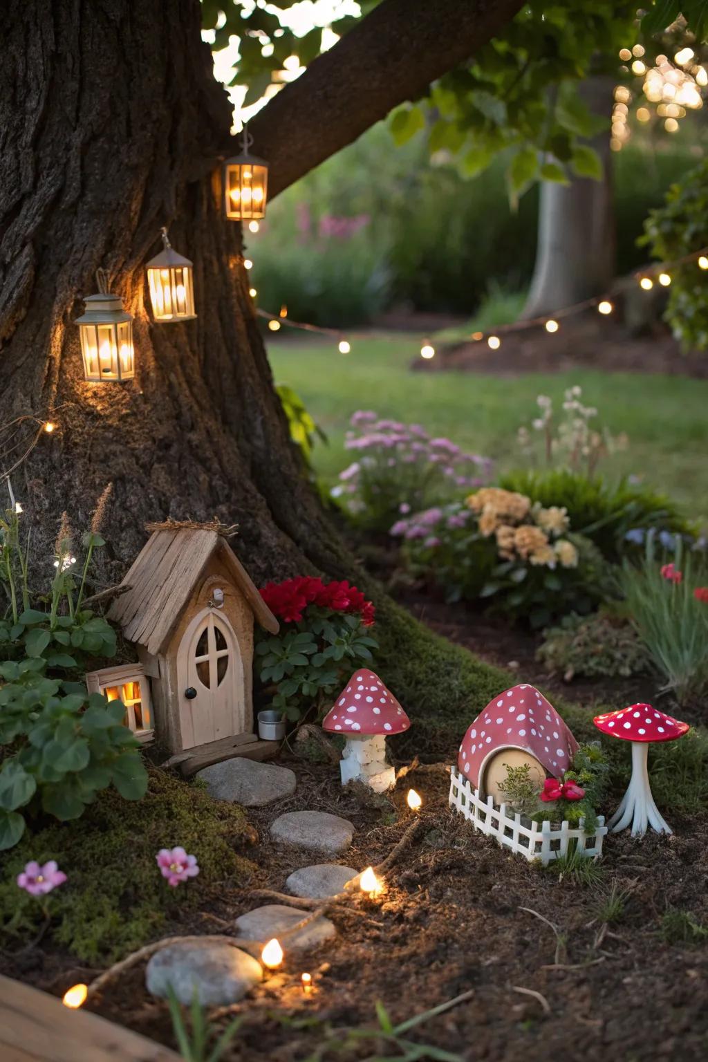 A fairy garden adds magic and whimsy under your tree.
