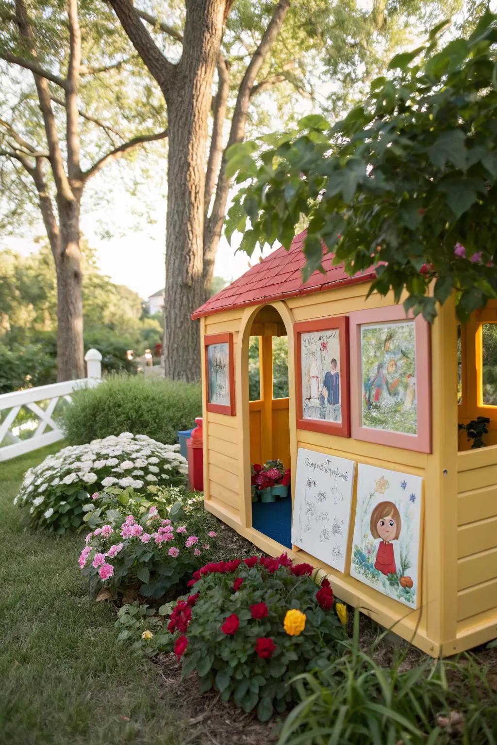 An outdoor art gallery showcases children's creativity beautifully.