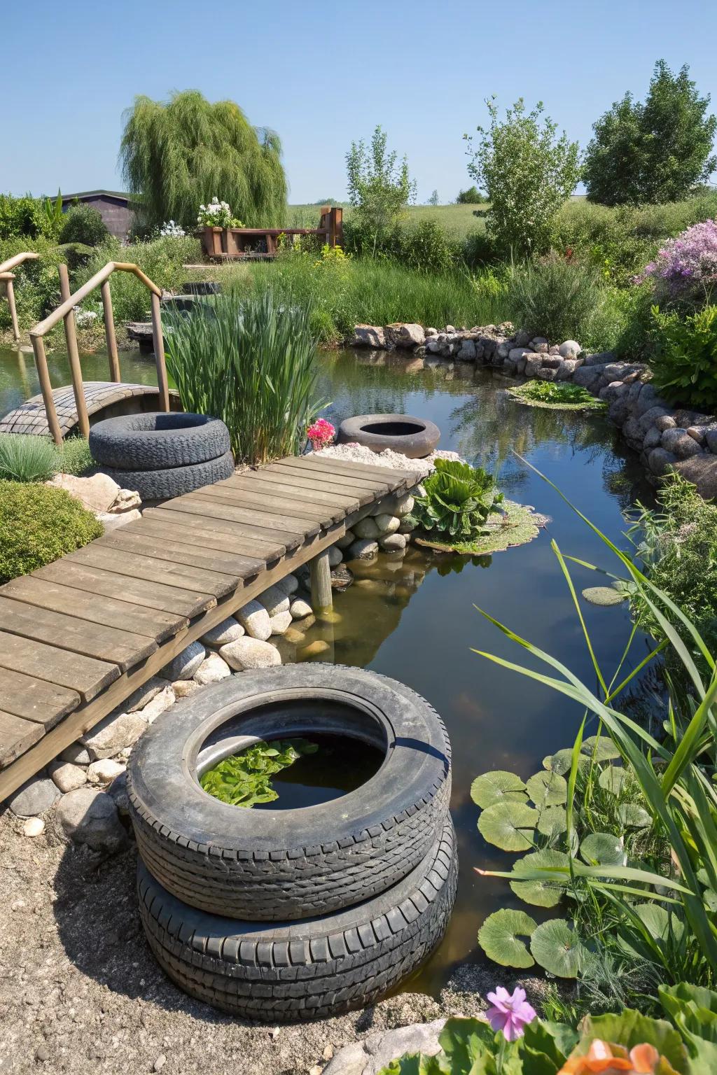Multi-basin tire pond creatively repurposing materials for a layered water feature.