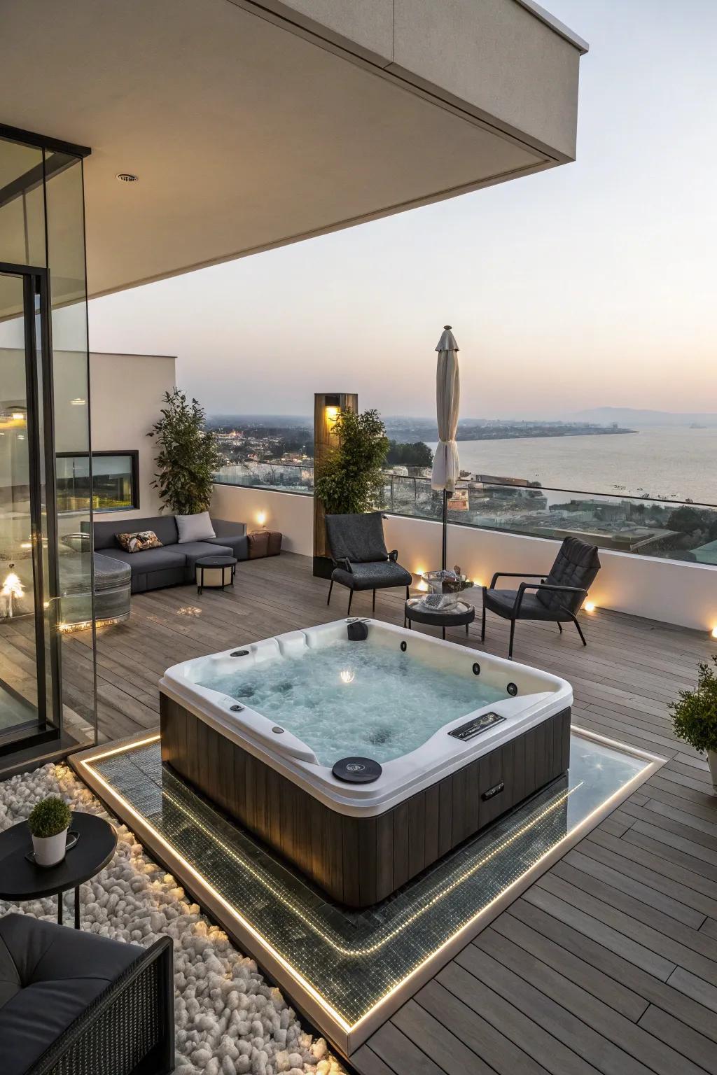 A floating platform illusion adds a modern twist to your hot tub setup.