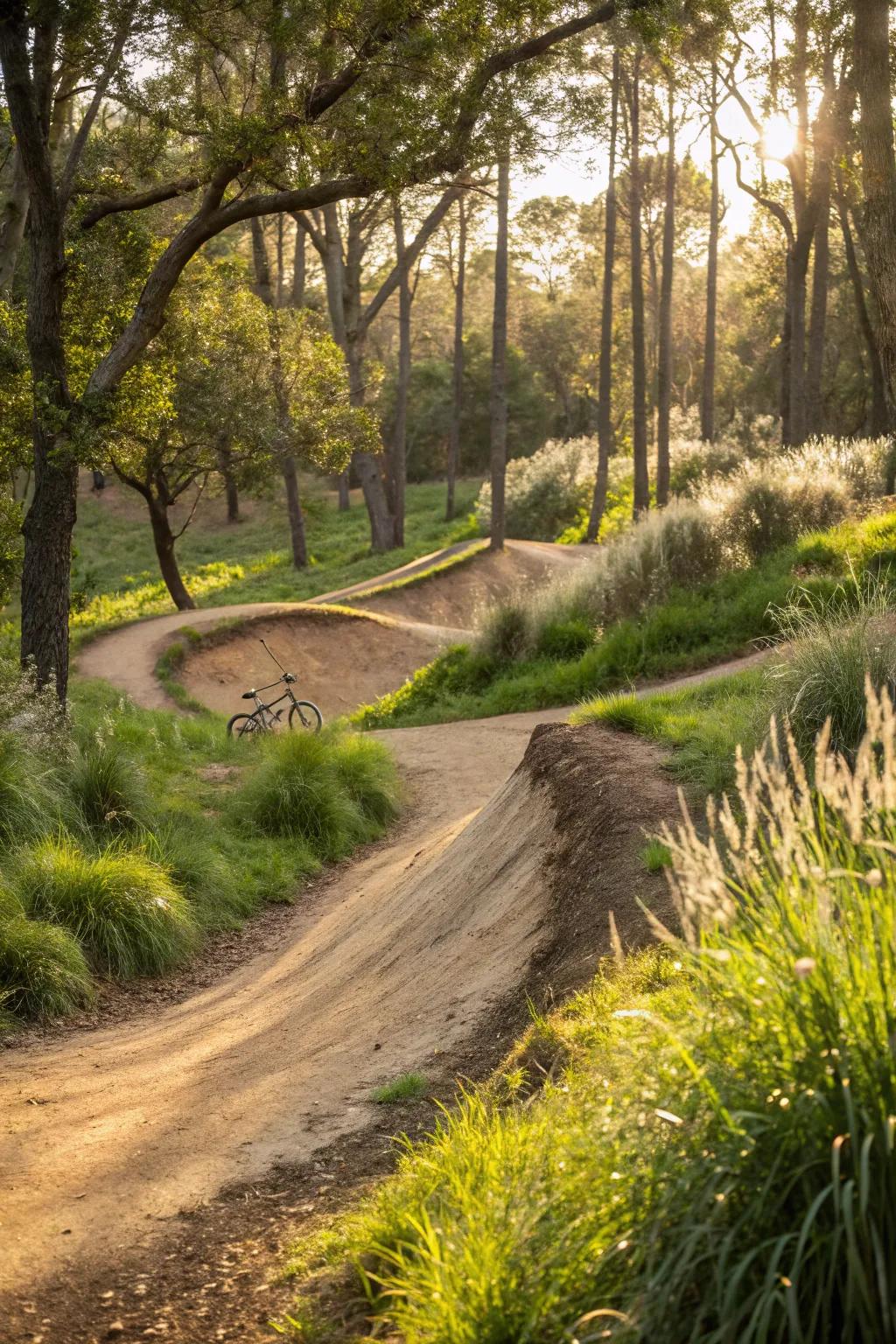 A woodland pump track offers thrilling rides surrounded by nature's beauty.