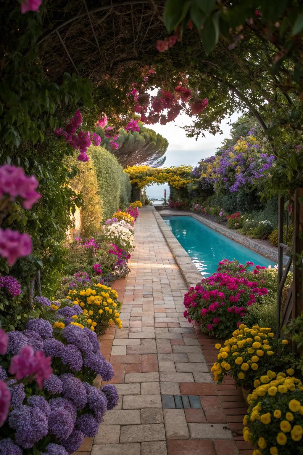An enchanting garden pathway leading to a serene plunge pool.