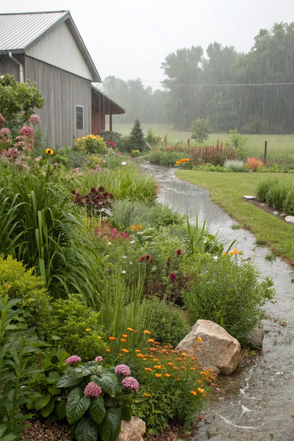 A rain garden adds beauty and sustainability to the landscape.
