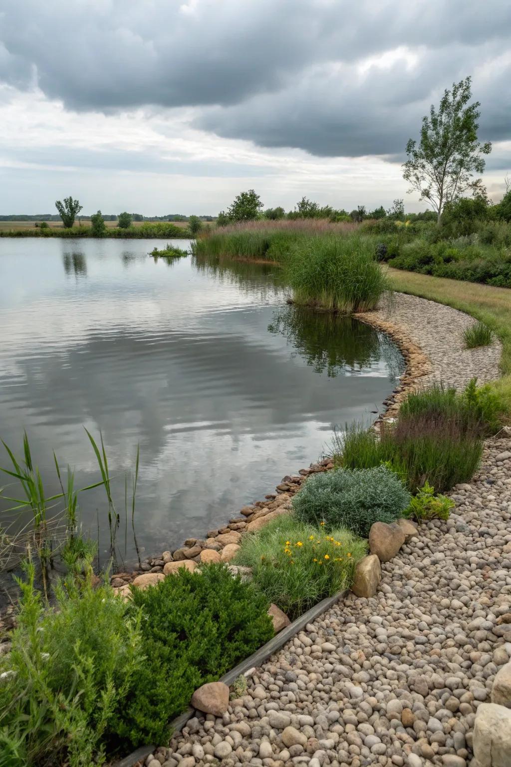 A pebble and plant mix creates a thriving, natural pond edge.