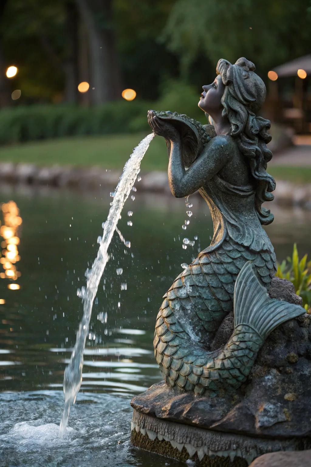 A mermaid spitter adds fantasy and intrigue to your garden pond.
