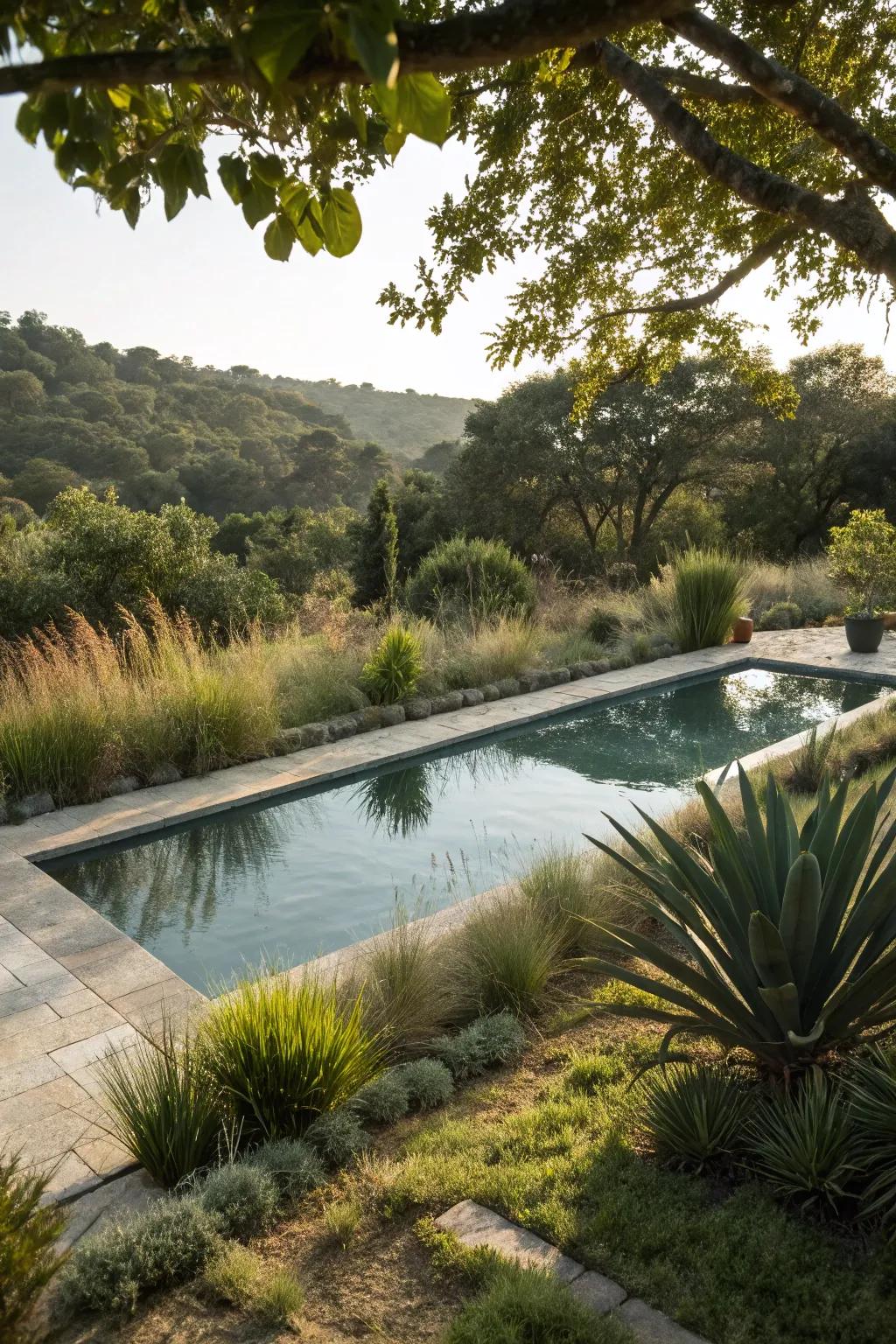 Vegetation borders for a fresh, vibrant poolside.