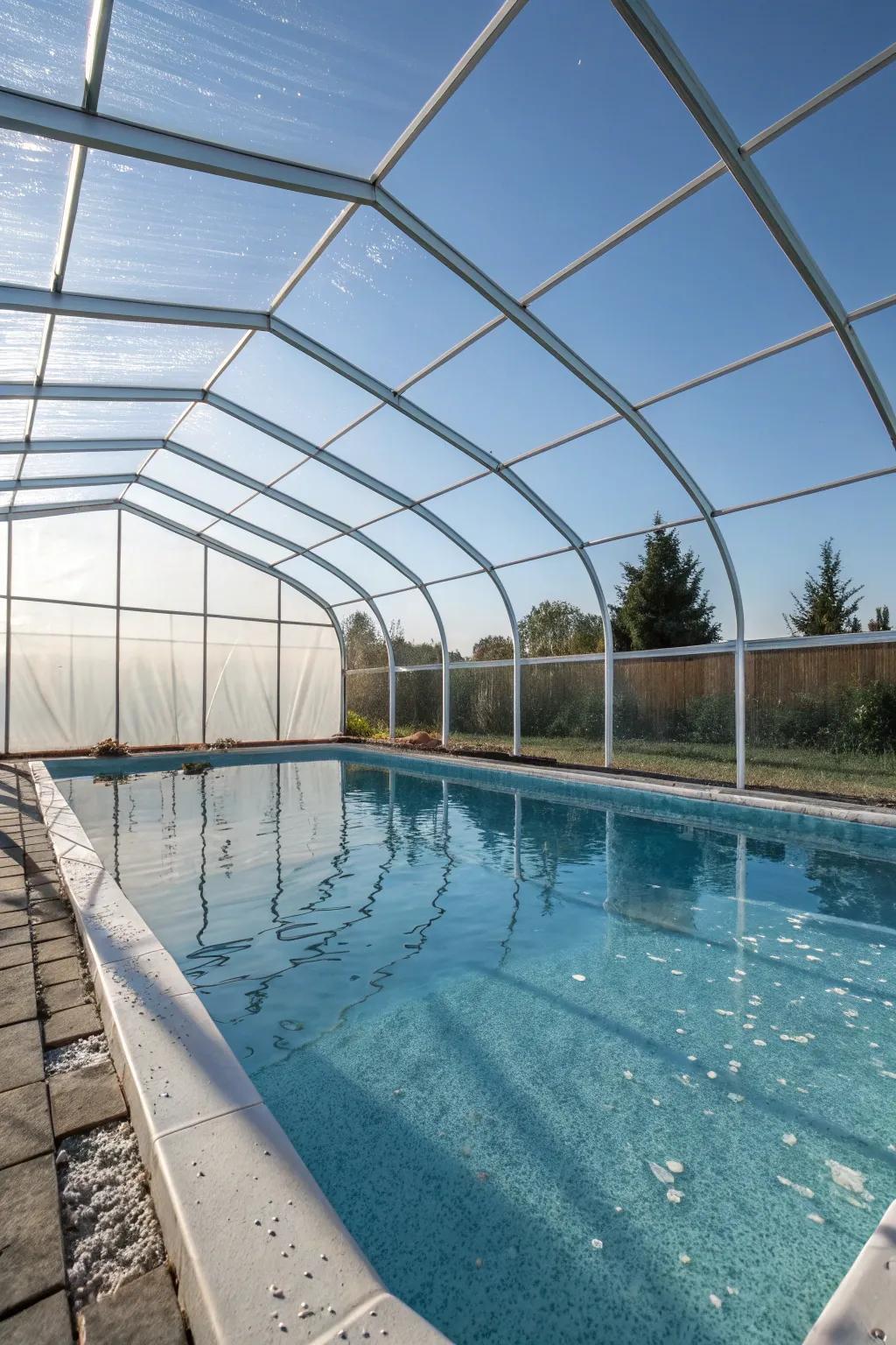 A solar greenhouse effect keeps your pool warm and cozy.