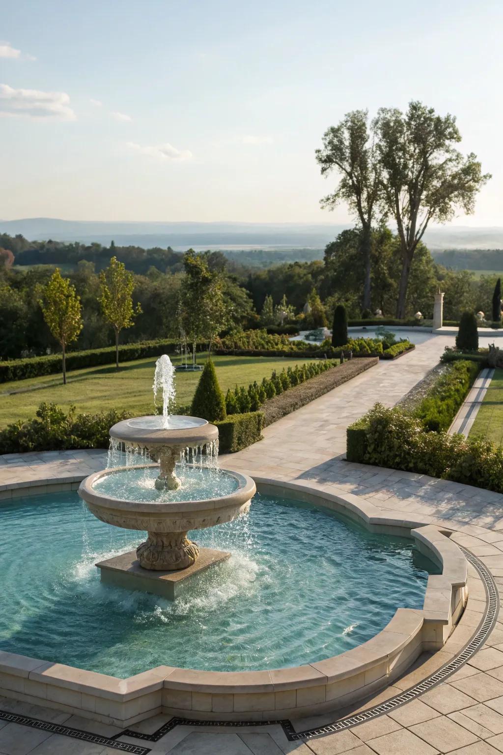 A pool with a graceful fountain, adding elegance and tranquility.