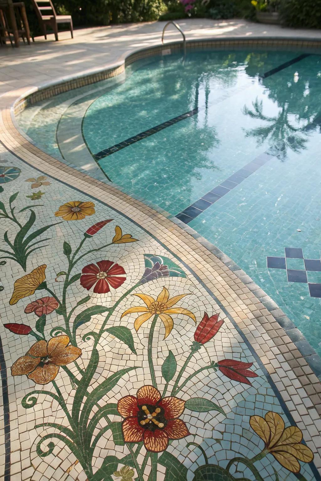 A fantasy garden pool design with blooming floral mosaics.