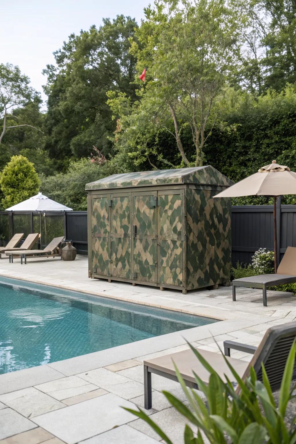 Camouflaged storage blends seamlessly with the poolside environment.