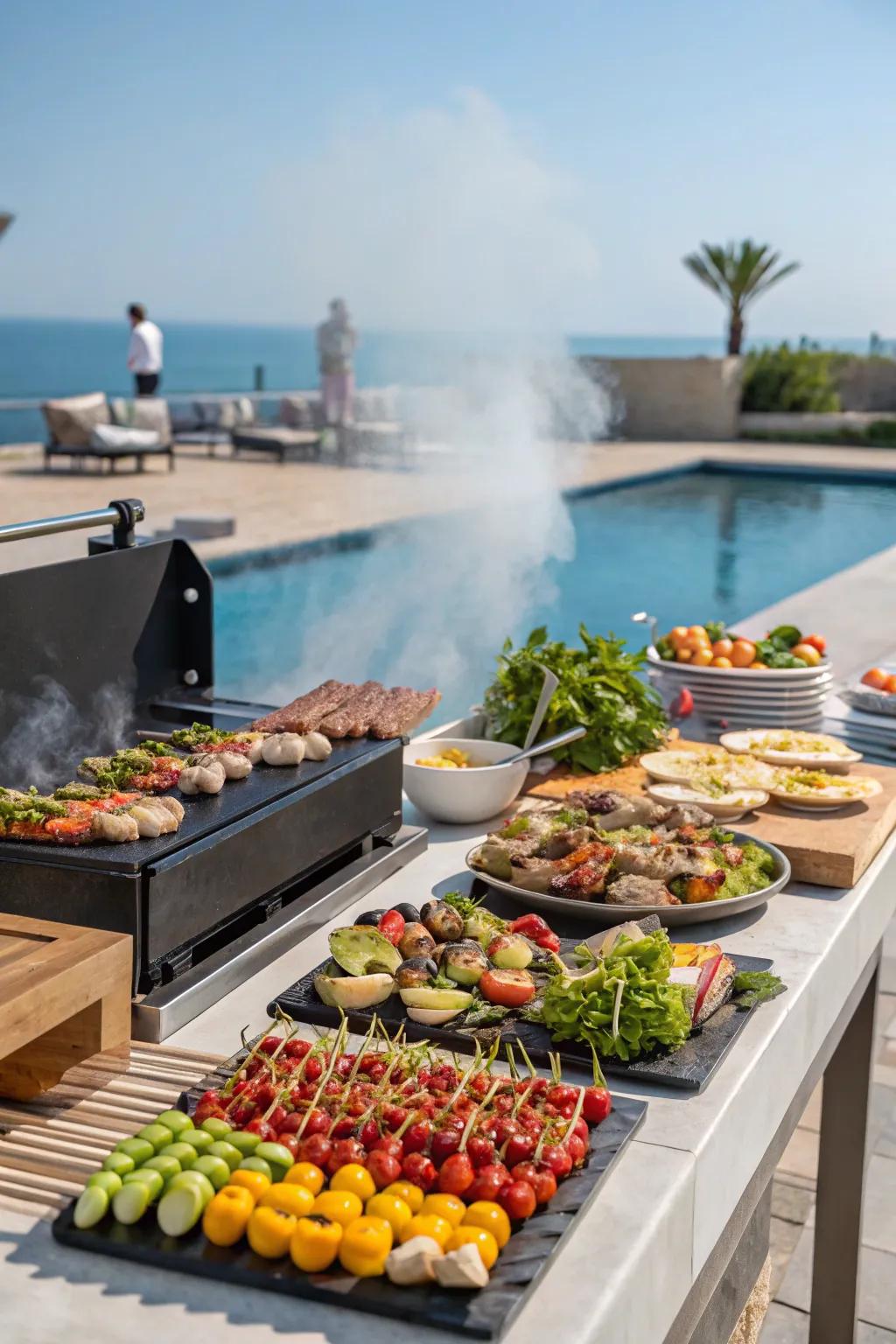 A gourmet grilling station with fresh bites by the pool.