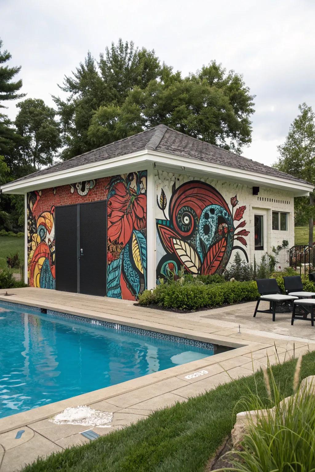 A creative pool pump house featuring an artistic mural.