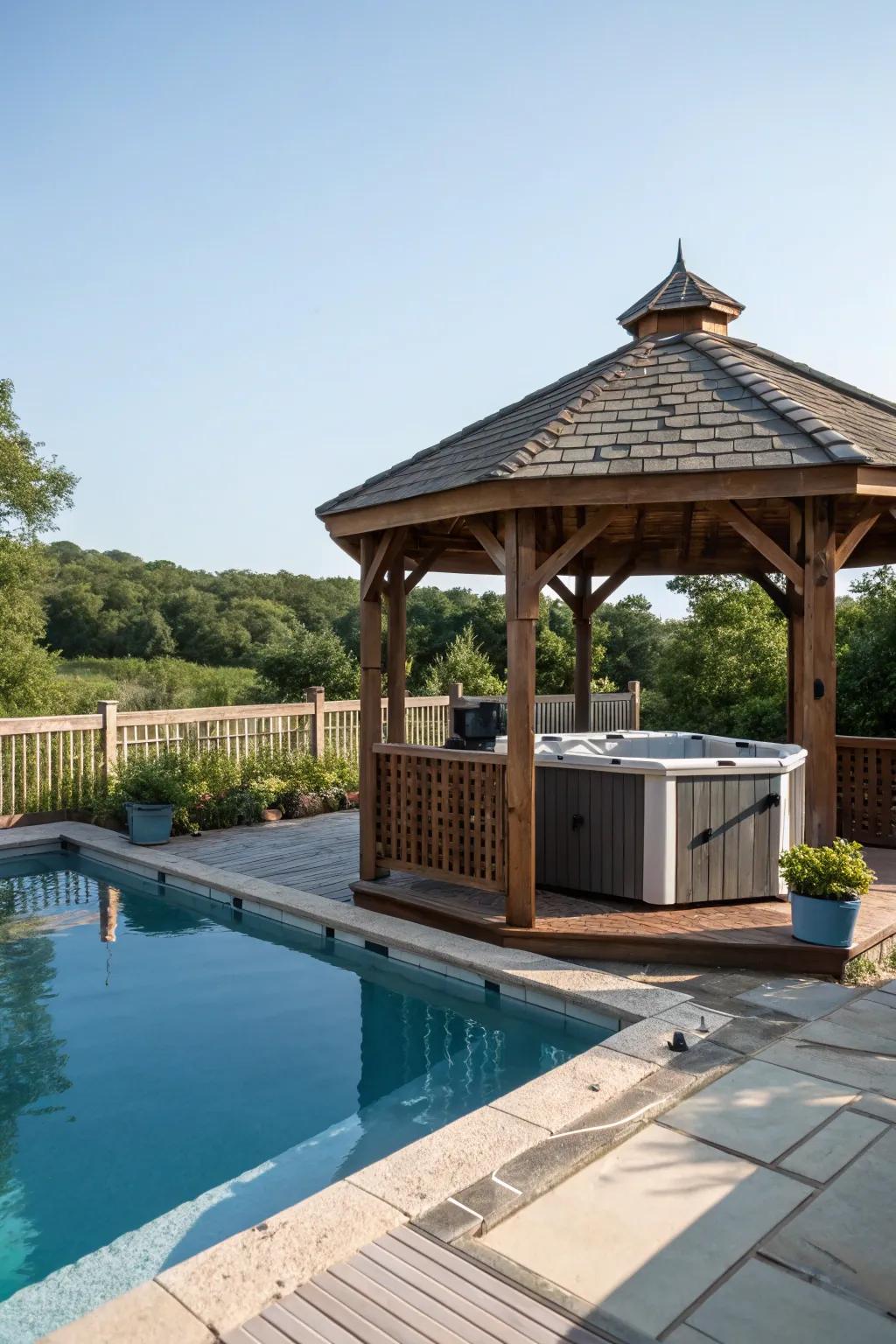 Soak in luxury with a hot tub in your poolside gazebo.
