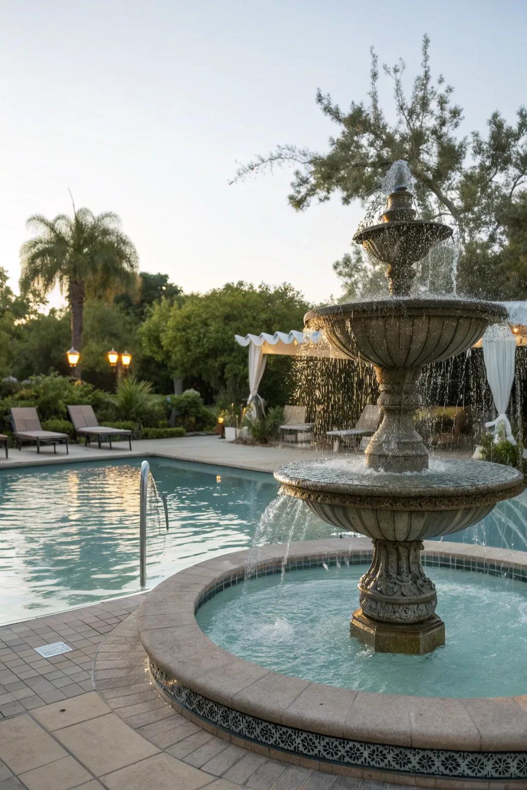 A fountain serves as a captivating centerpiece for your poolside.