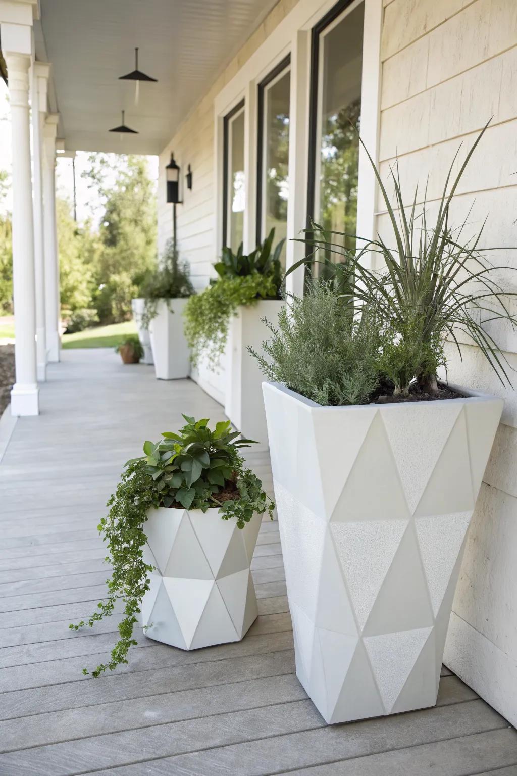Geometric pots and structured plants create a modern porch aesthetic.