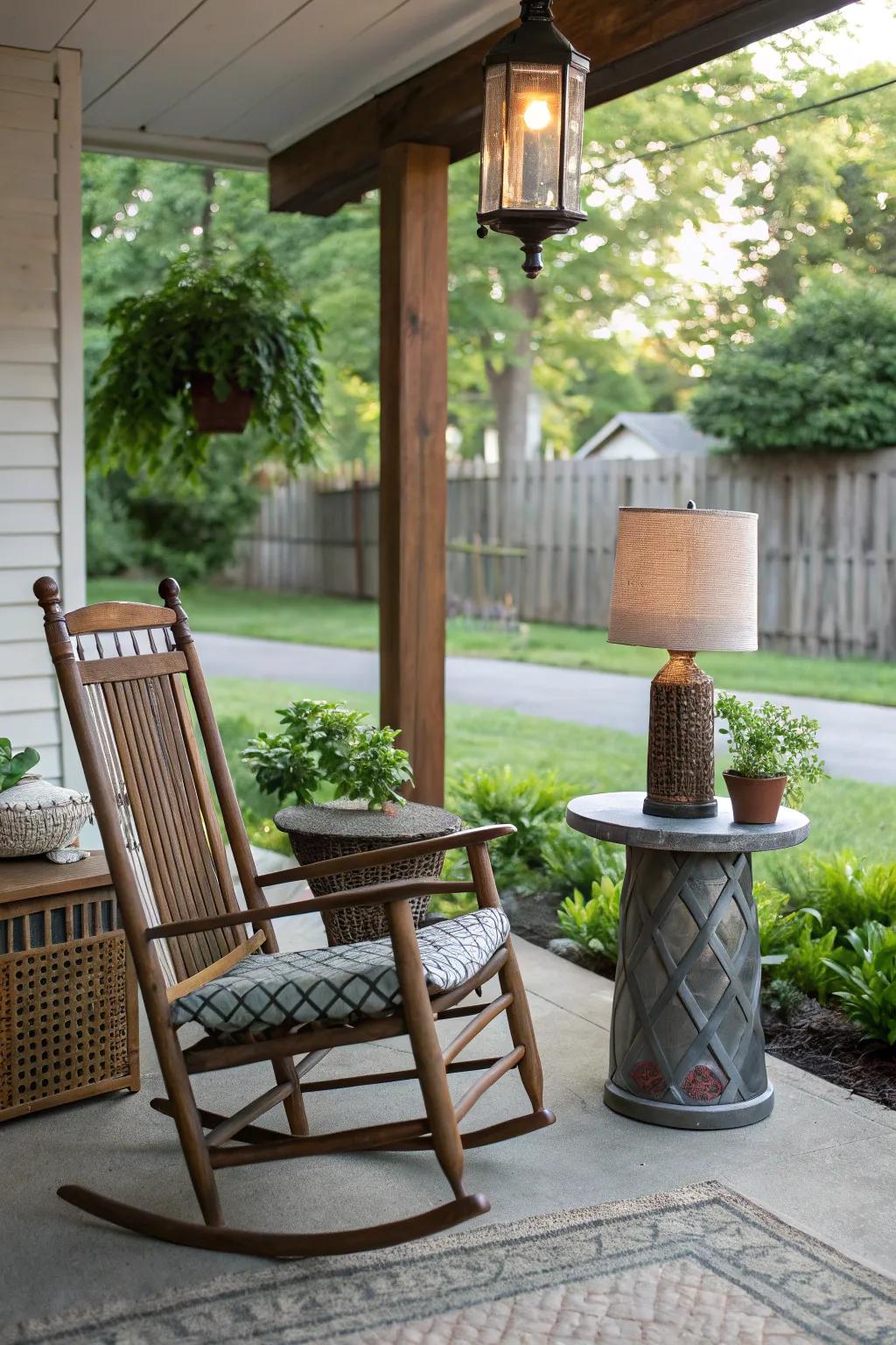 Vintage finds add unique charm to the porch.