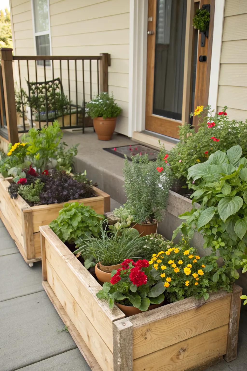 Create visual interest by mixing and matching planter boxes.