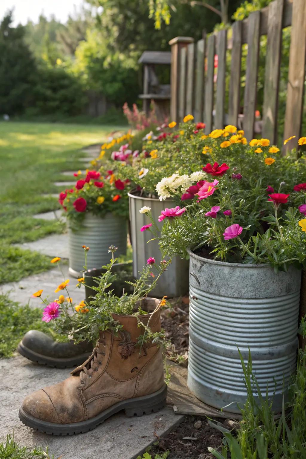 Recycled containers with portulaca bring sustainability and style to any garden.