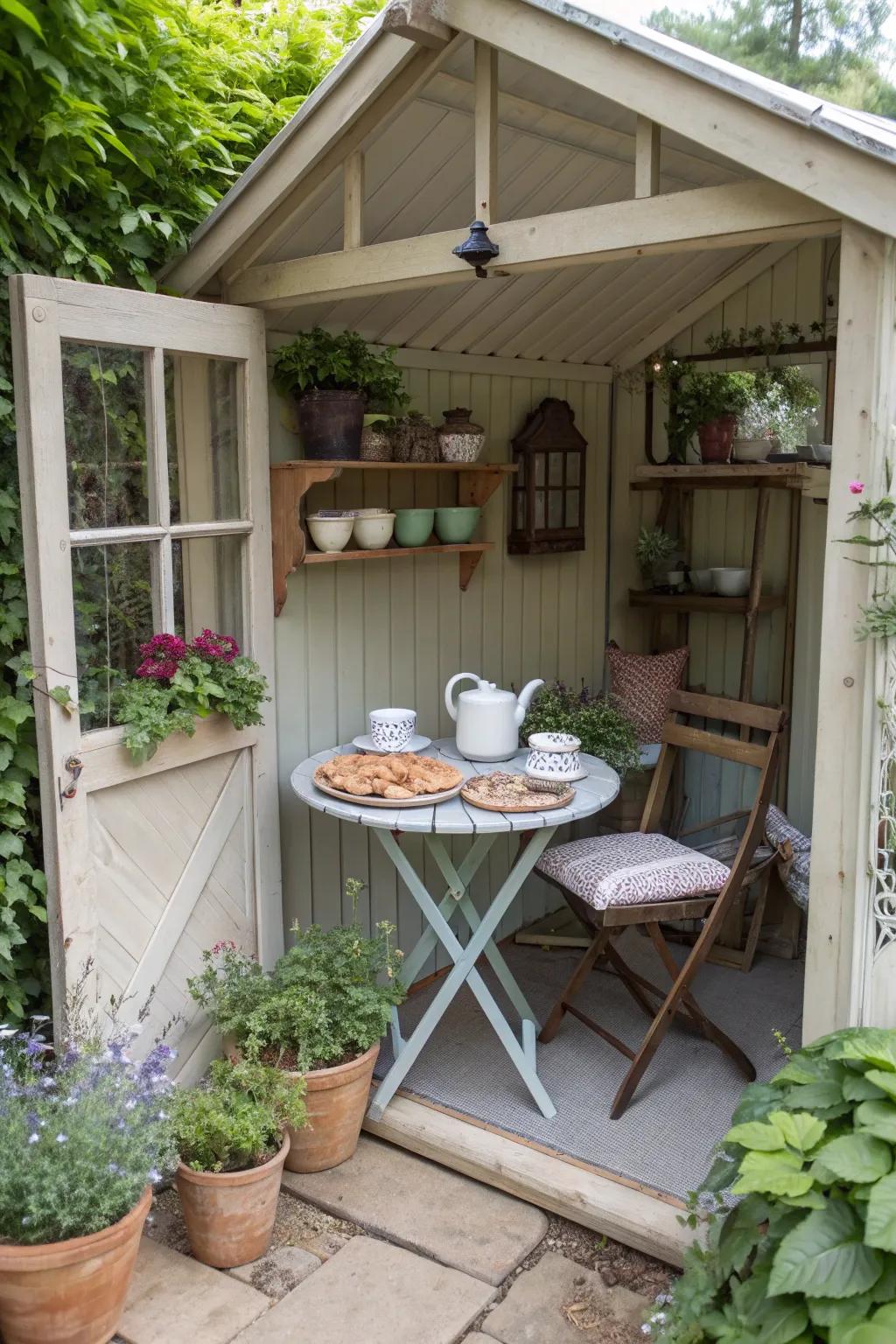 Charming tea spot inside a potting shed.
