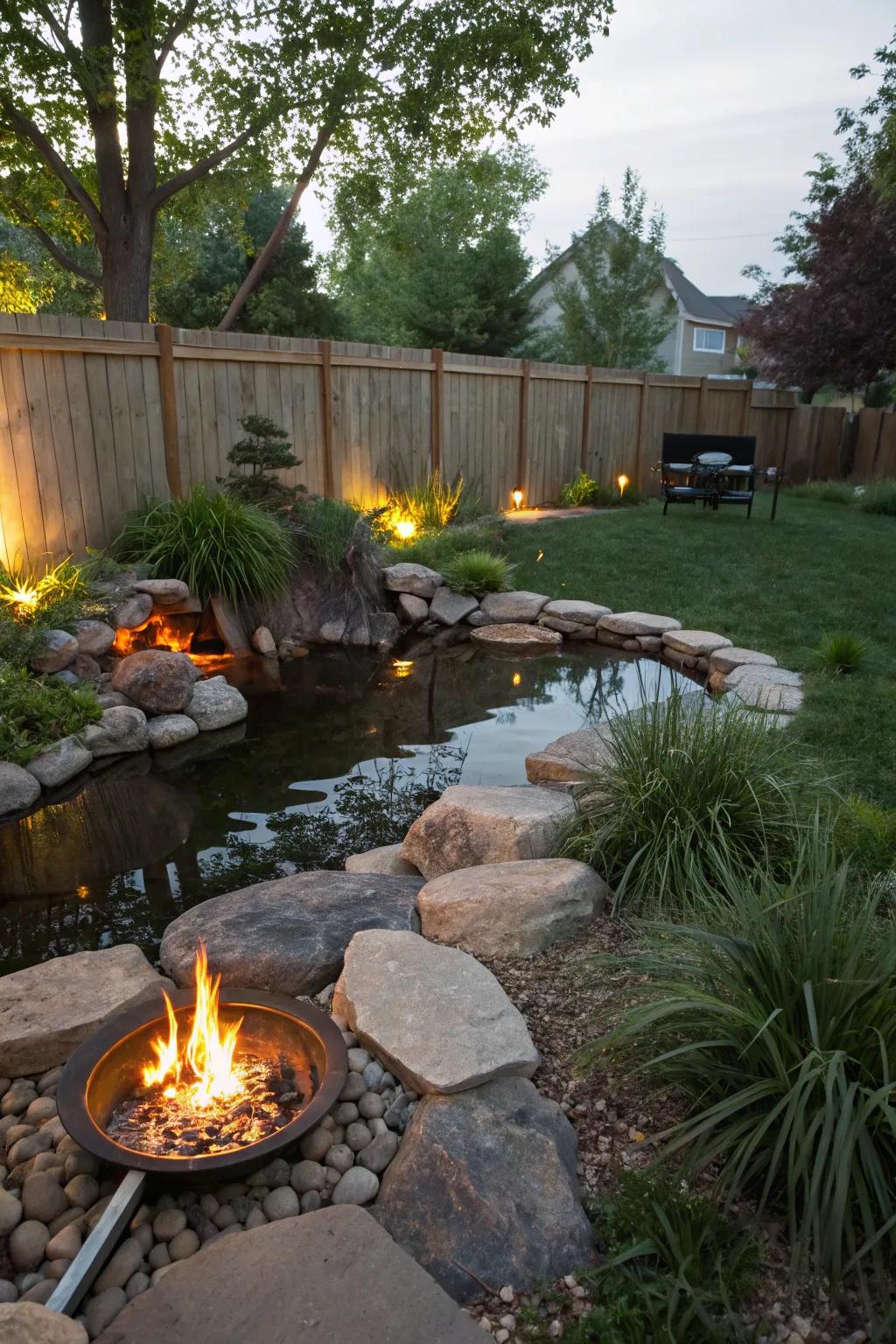 A preformed pond and fire pit duo, creating a cozy garden retreat.
