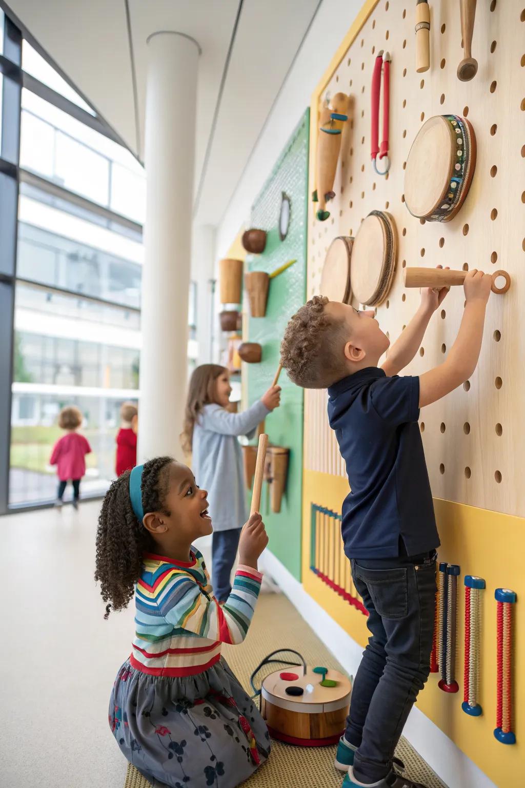 Preschoolers creating melodies on a music wall filled with natural instruments.