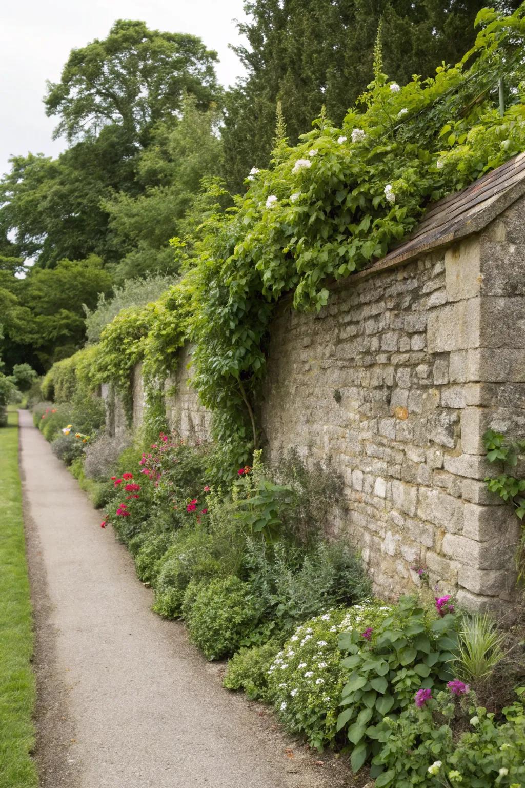 Stone and plants combine to create a timeless privacy solution.