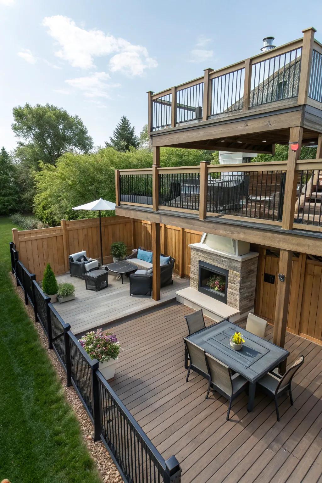 Multi-level decks provide natural privacy and distinct zones.