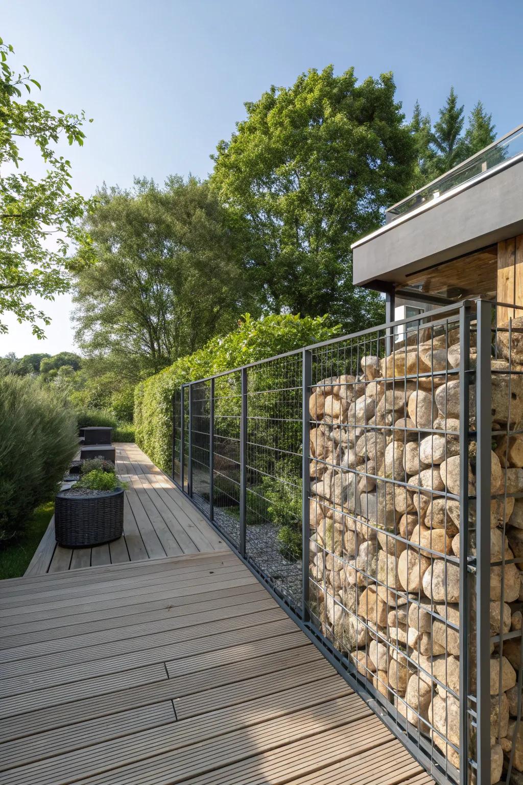 Gabion walls provide rustic charm and effective privacy.