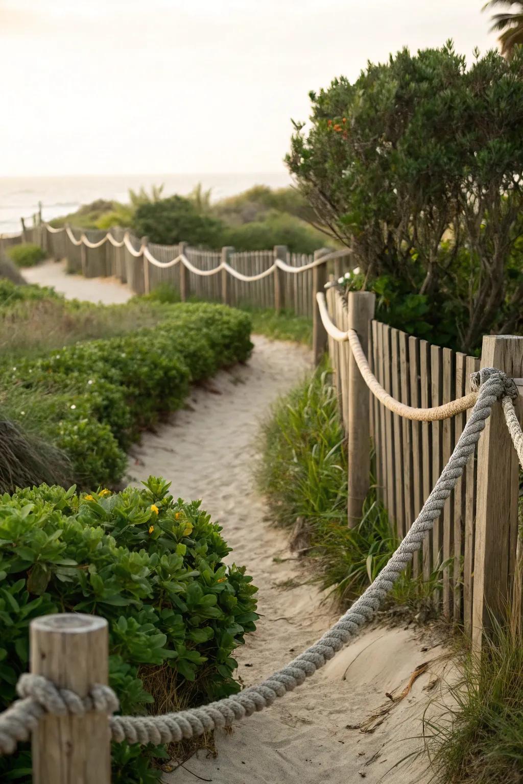 Relaxed rope and wood fence for a beach-style aesthetic.