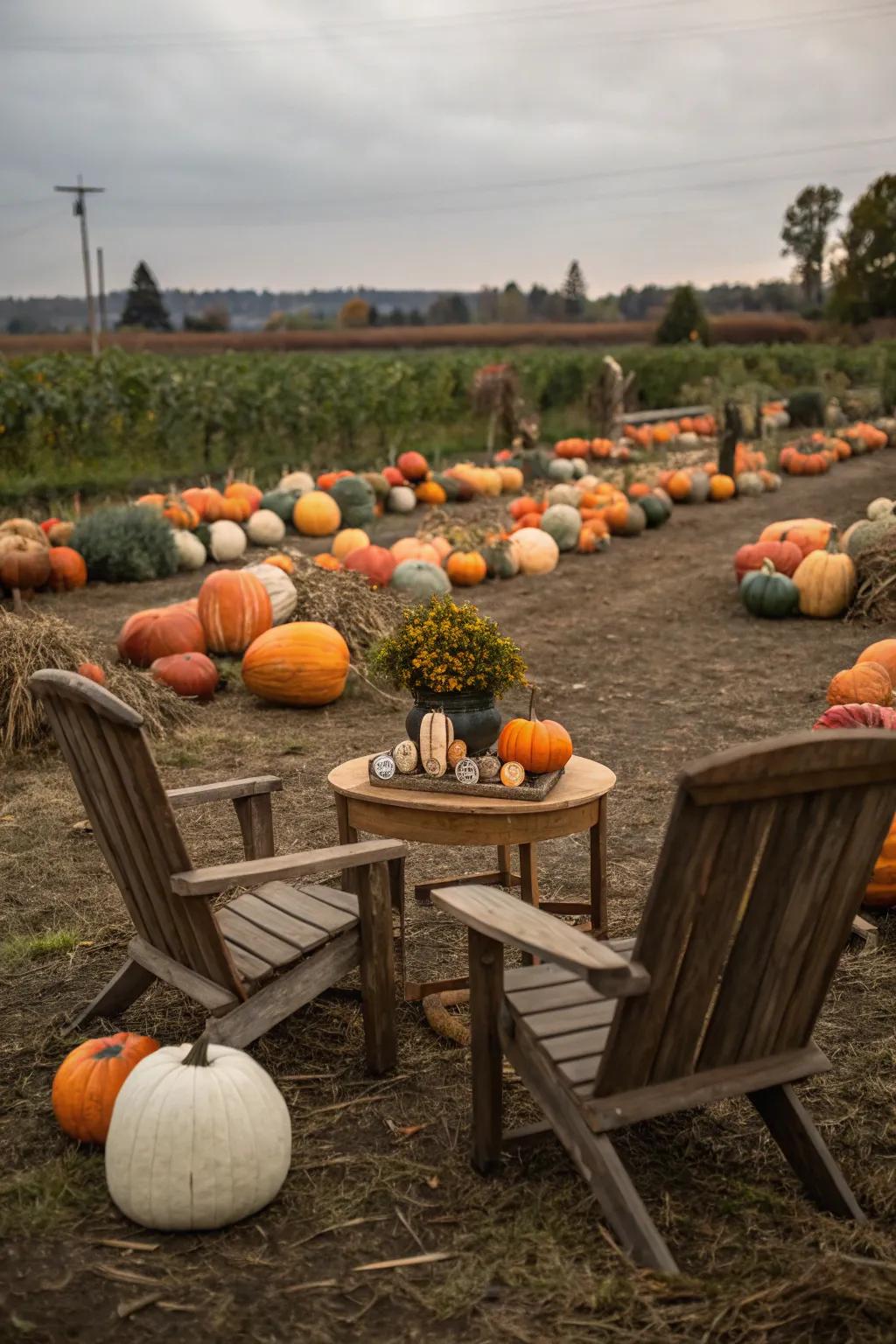 A serene seating area nestled within a pumpkin patch, perfect for relaxation.