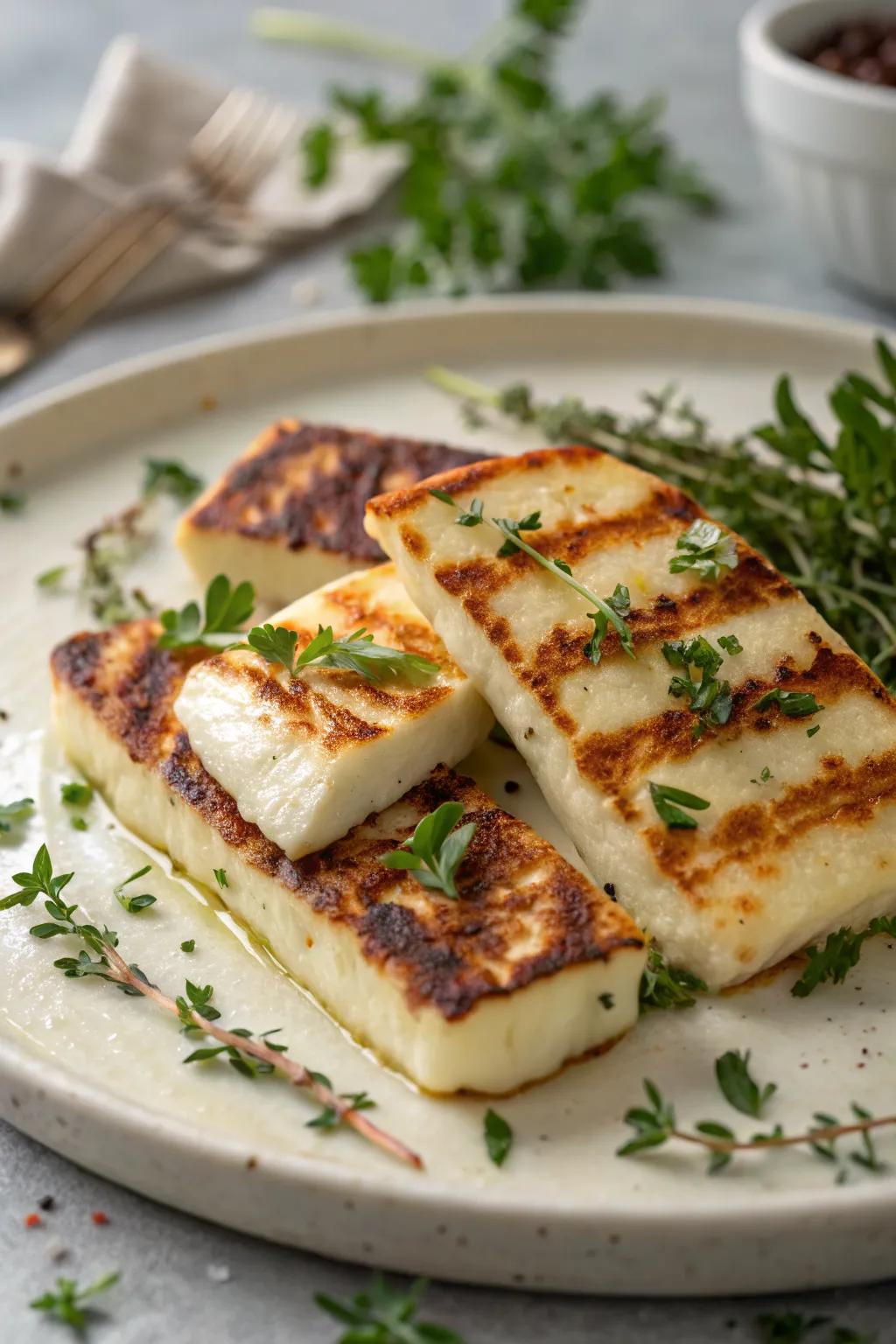 Golden grilled halloumi with fresh herbs, ready to enjoy.