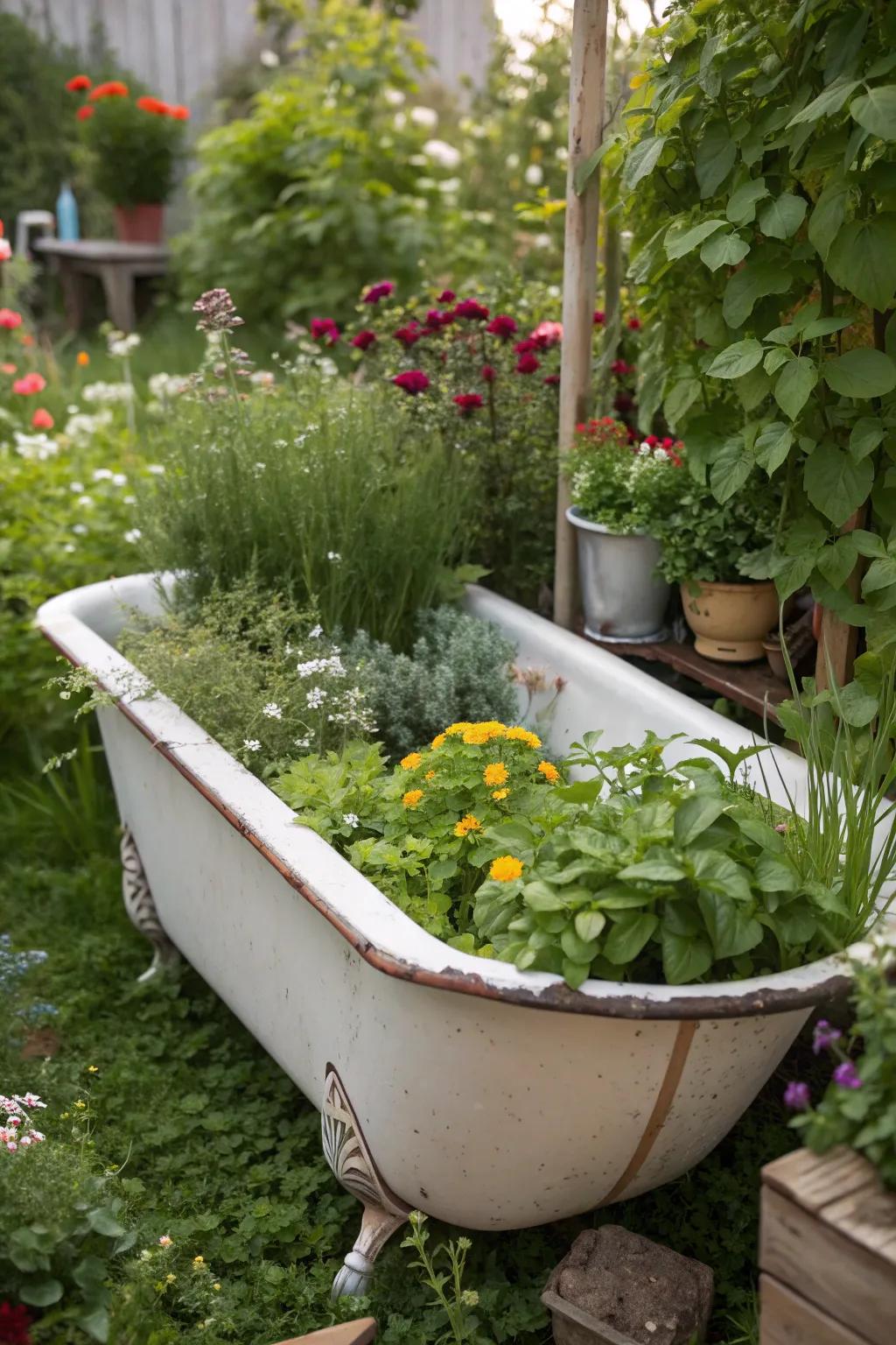 An eye-catching herb planter made from an upcycled bathtub.