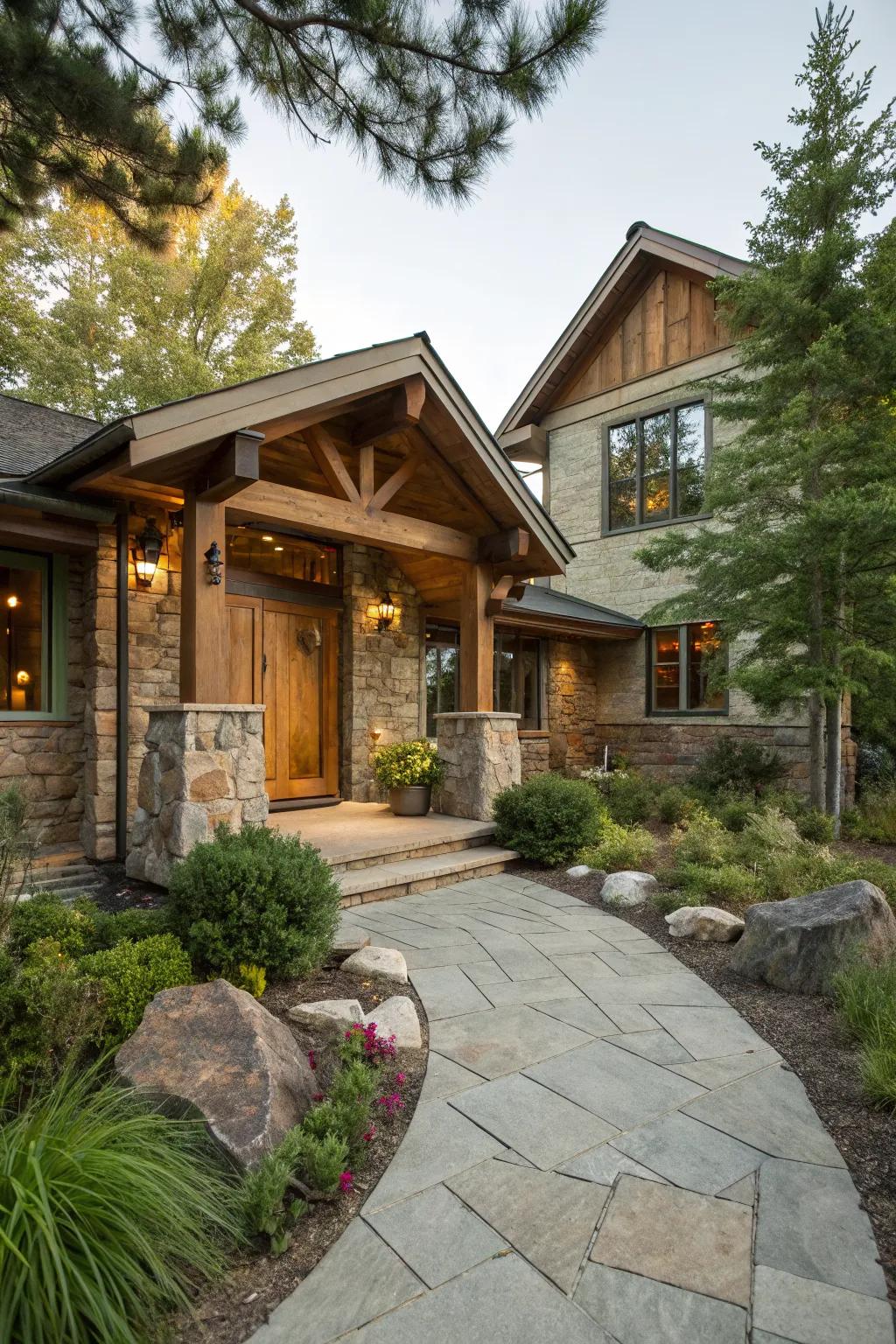 An earthy raised ranch entrance with natural stone and wood elements.