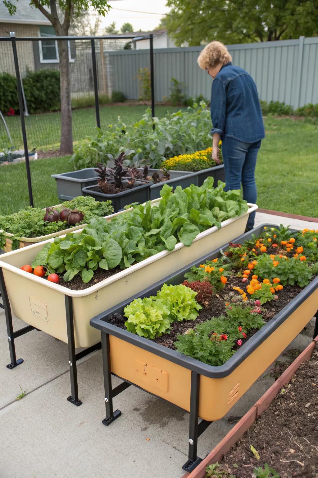 Raised garden beds on legs providing an ergonomic and accessible gardening solution.
