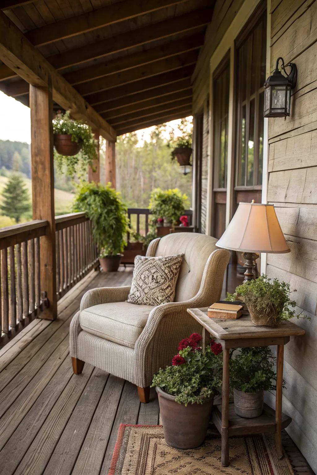 A reading nook offers a personal touch to this ranch house porch.