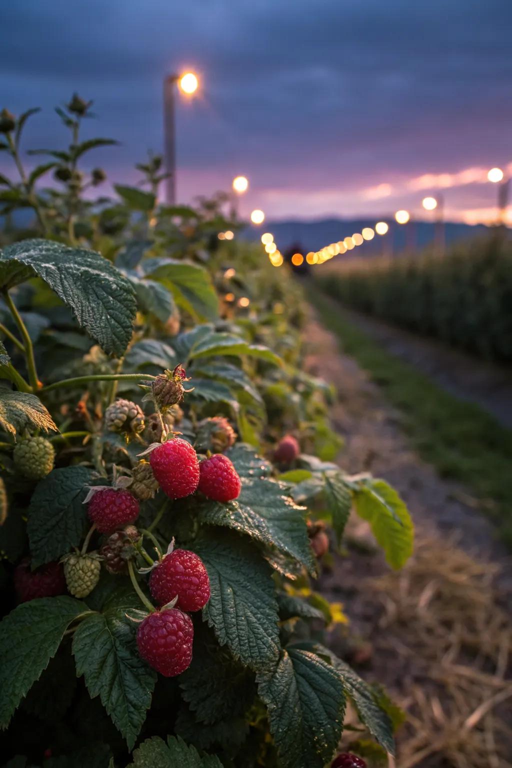 Solar lights add evening charm and usability to your raspberry patch.