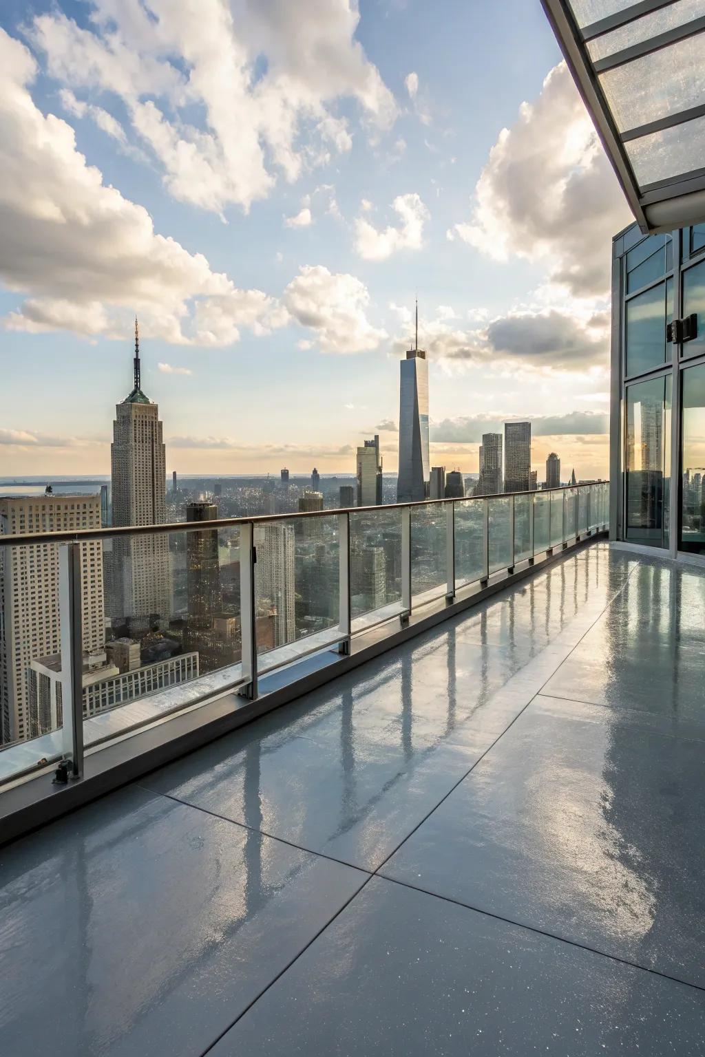 A sleek resin surface on a rooftop terrace offering stunning city views.